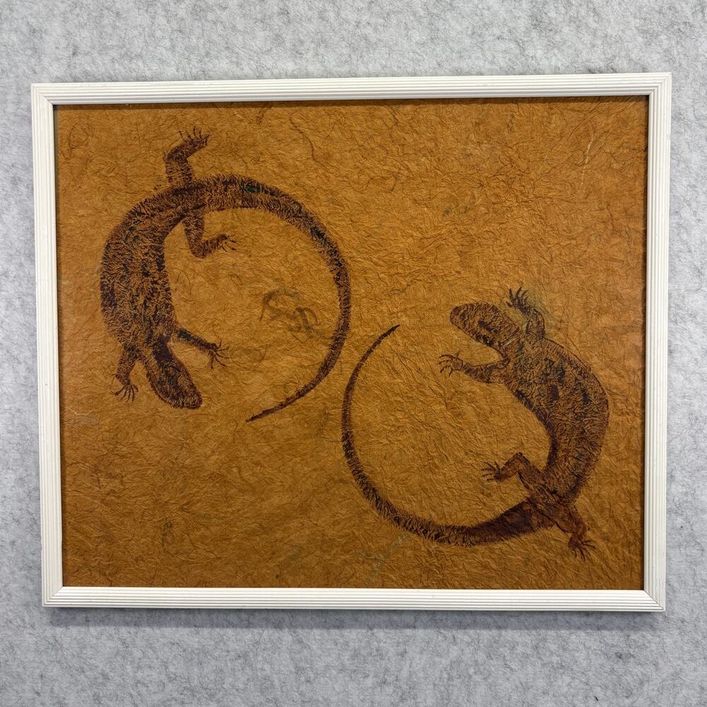 Vintage Mexican Amate Bark Paper Art Framed Reptile Lizard Folk Painting